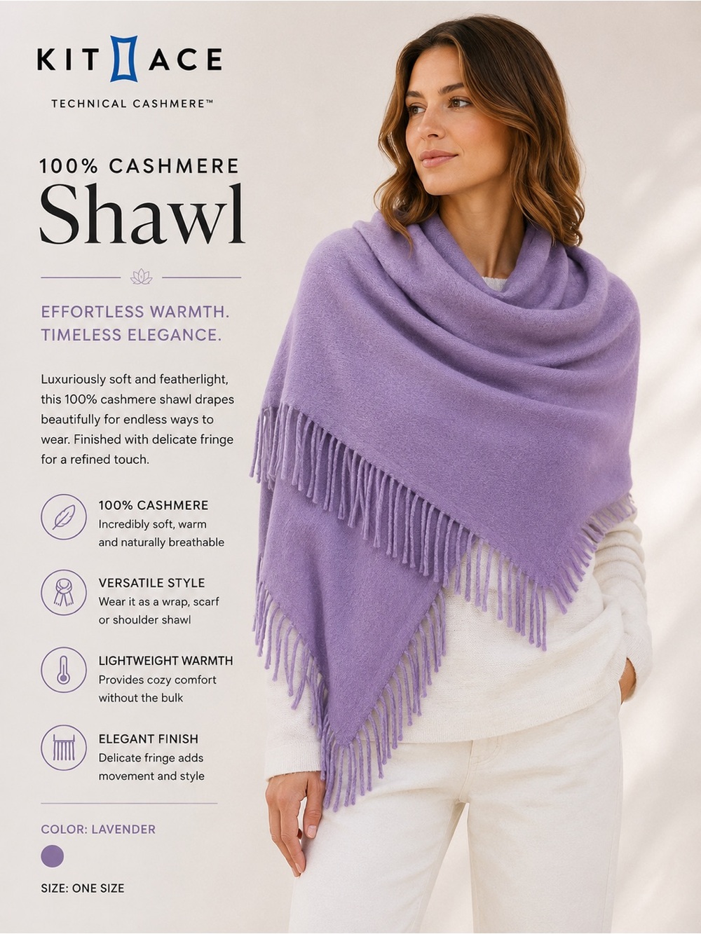 Kit & Ace 100% Cashmere Lavender Triangle Shawl with Fringe
